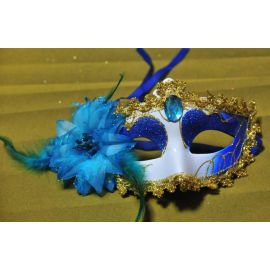Blue  Mask with Side Flower and Feathers Rhinestone