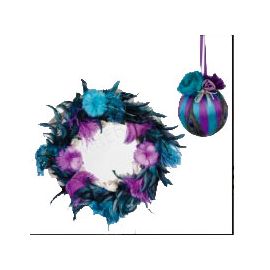 Premium Feather Wreath 19" w/Feather Ball 6" Purple/Teal