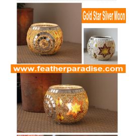 Large Mosaic Candle Holder Handmade Mosaic Holder-Silver Moon Gold Star ( USA Seller)