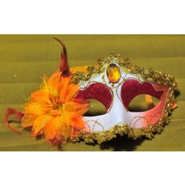 Orange  Mask with Side Flower and Feathers Rhinestone