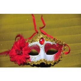 Red  Mask with Side Flower and Feathers Rhinestone